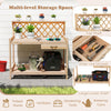 Wooden garden potting bench featuring a slide-out drawer, large lower shelf, and protective fence, ideal for gardening.