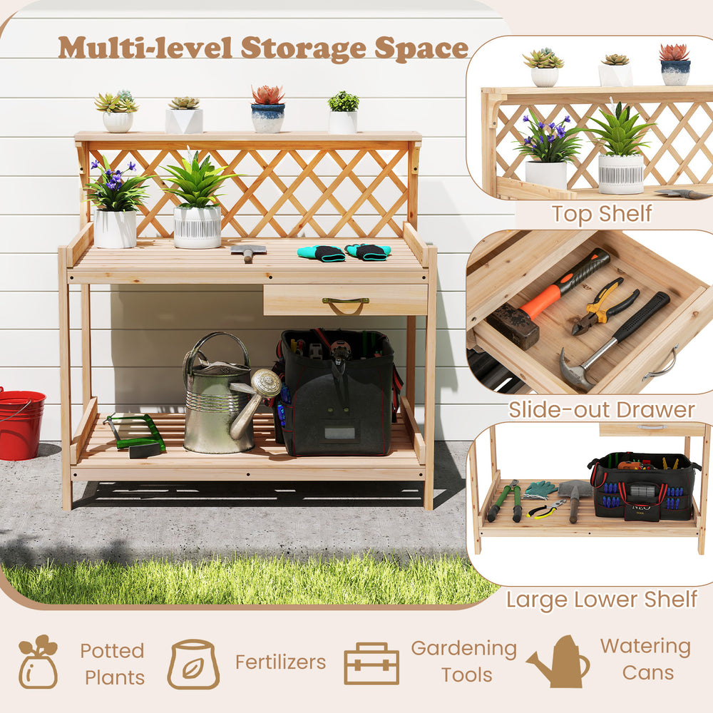 Wooden garden potting bench featuring a slide-out drawer, large lower shelf, and protective fence, ideal for gardening.