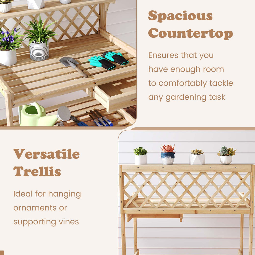 Wooden garden potting bench with spacious countertop and versatile trellis, perfect for displaying plants and.