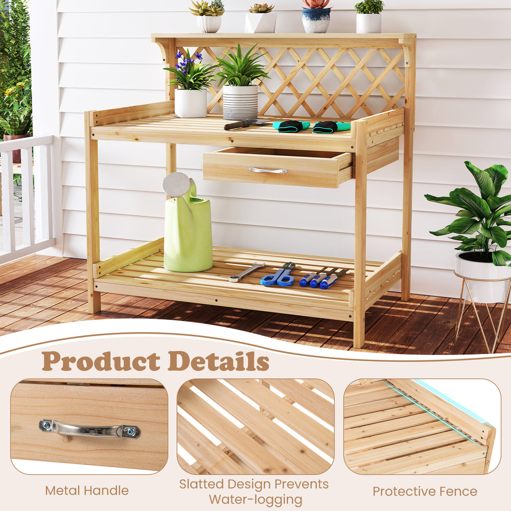 Wooden garden potting bench with lattice trellis, spacious countertop, slide-out drawer, and slatted lower shelf for.