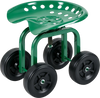 Garden rolling workseat with a green powder-coated metal frame, 360° swivel seat, and adjustable height for outdoor use.