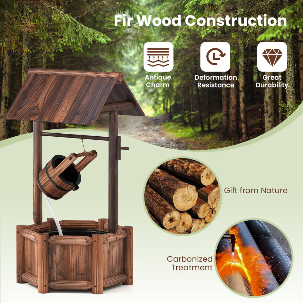 Rustic wooden wishing well water fountain with pump, durable fir wood, perfect for garden or patio decoration.