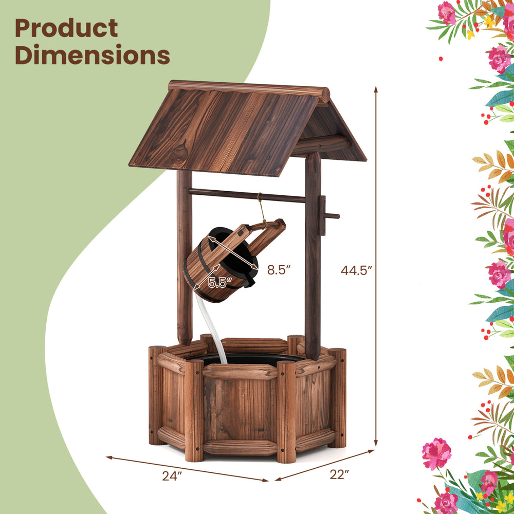 Rustic wooden wishing well water fountain with pump, 44.5" tall, perfect for garden or patio decoration.
