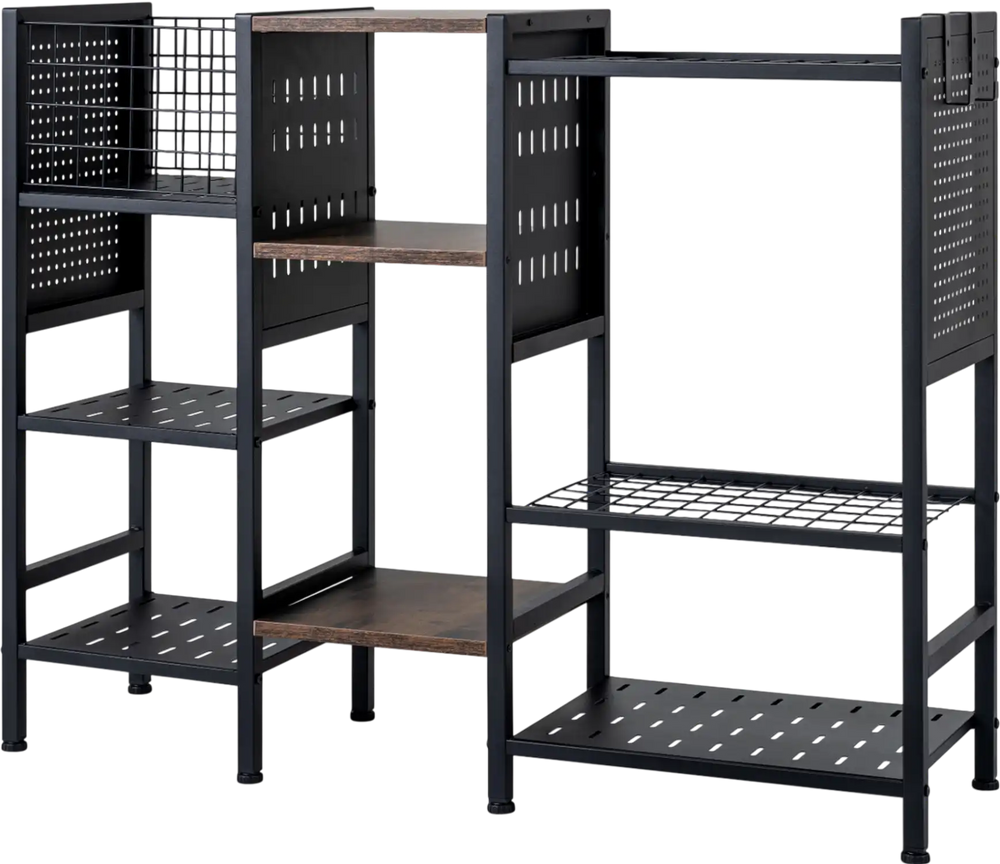Garden tool organizer with black metal frame and wooden shelves, featuring multiple slots and pegboards for efficient.