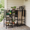 Garden tool organizer with wooden shelves, featuring a black metal frame and multiple slots for efficient storage.