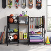 Garden tool organizer with wooden shelves, featuring a heavy-duty metal frame and open-access design for efficient.