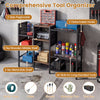 Garden tool organizer with wooden shelves, featuring 66 slots for tools, side pegboards, and a heavy-duty metal frame.