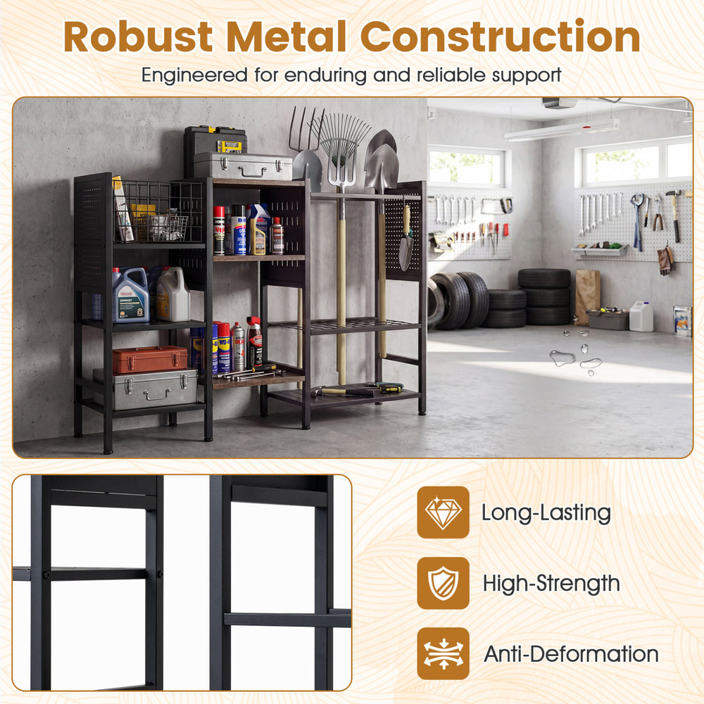 Garden tool organizer with black metal frame and wooden shelves, featuring 66 slots for efficient tool storage in.