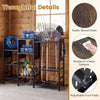 Garden tool organizer with rustic wood grain shelves, featuring 66 slots and adjustable foot pads for garage storage.