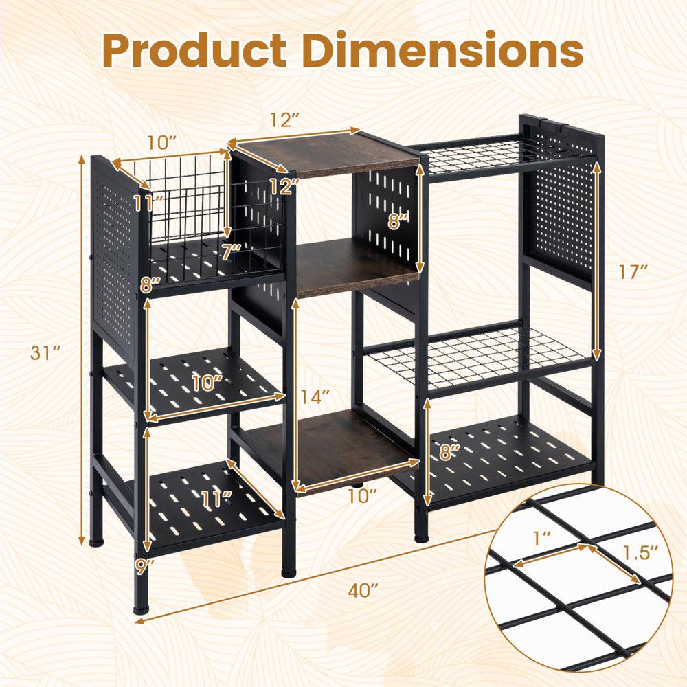 Garden tool organizer dimensions with wooden shelves, featuring a heavy-duty metal frame and open-access design for.