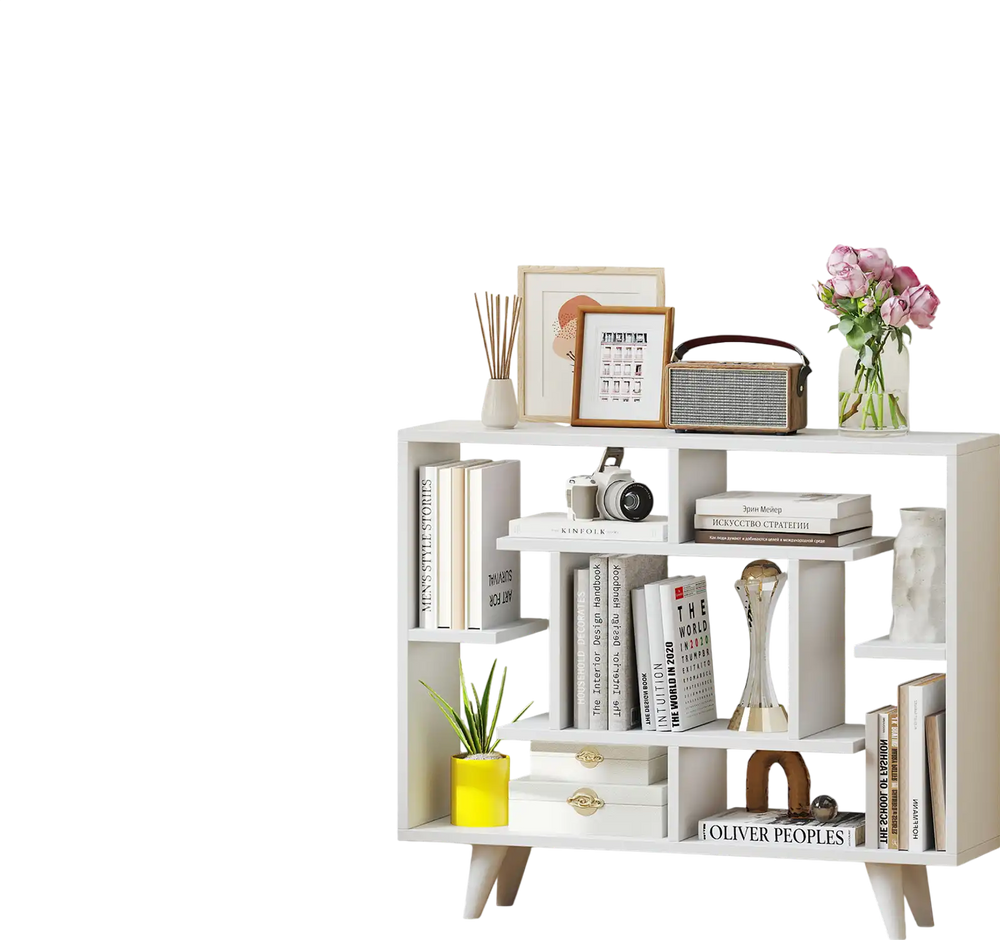 Geometric white bookcase with multi-shelf storage, anti-tipping kit, and thickened support legs for stability.