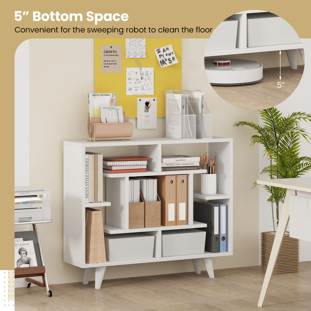 Geometric white bookcase with 5" bottom space, multi-shelf storage, and anti-tipping kit for stability in any room.