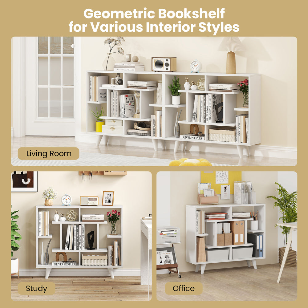 Geometric bookshelf in white with multi-shelf storage, anti-tipping kit, ideal for living room, study, or office use.