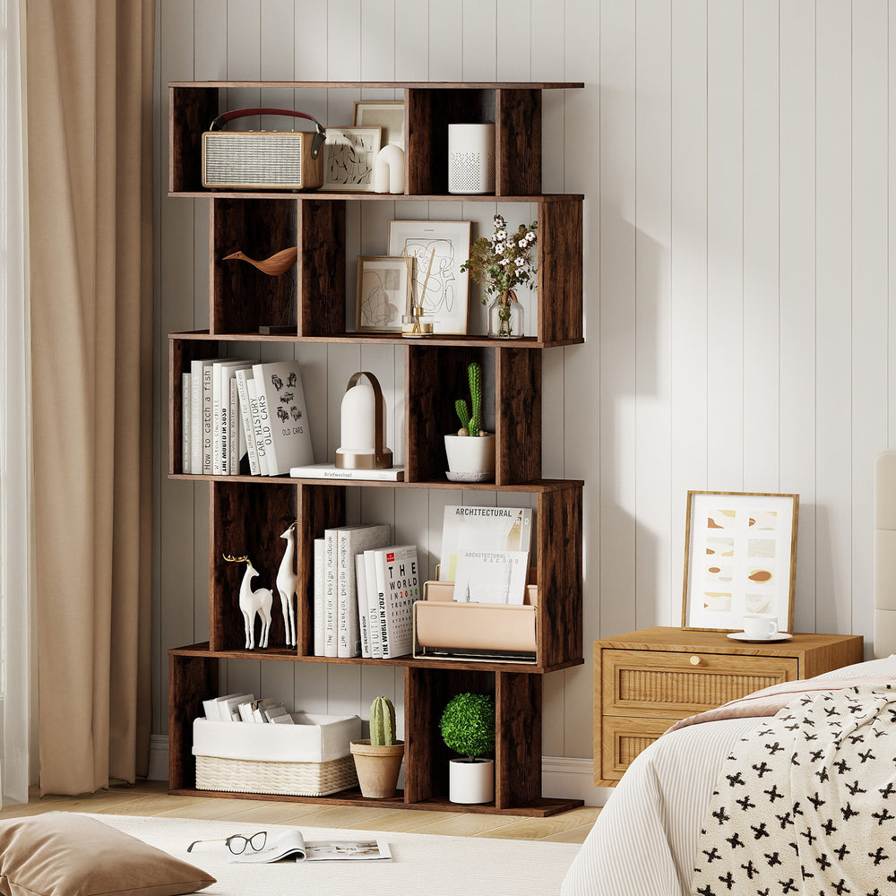 Geometric Bookshelf 5-Tier Bookcase with Open Shelves and Closed-back Cubes-Brown - Gallery View 1 of 10
