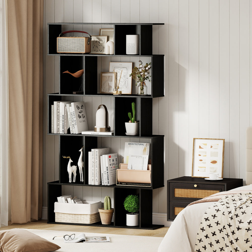 Geometric Bookshelf 5-Tier Bookcase with Open Shelves and Closed-back Cubes-Black - Gallery View 1 of 10