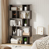 5-tier geometric bookshelf in oak with open shelves and closed-back cubes, perfect for books and decor in any space.