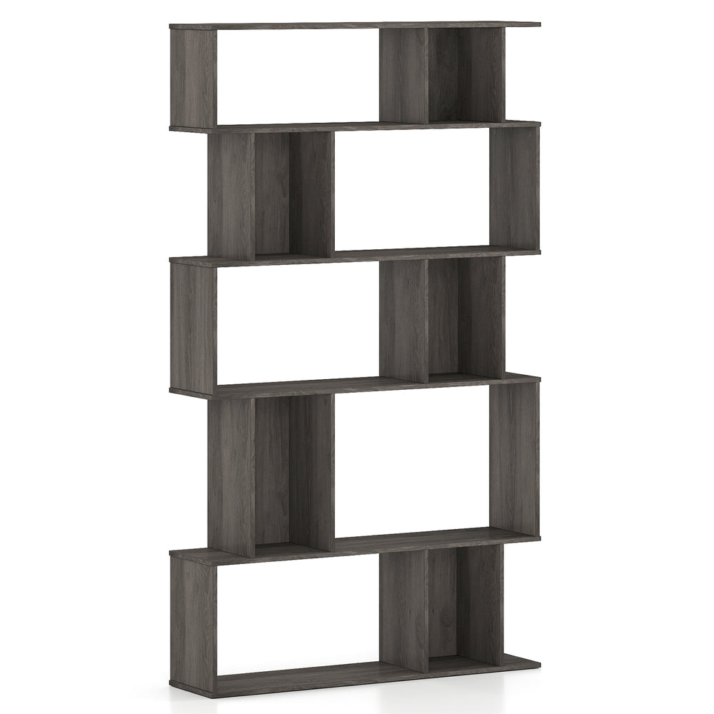 5-tier geometric bookshelf in oak with open shelves and closed-back cubes, ideal for books and decorations in any space.