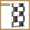 5-tier geometric bookshelf with dimensions, featuring open shelves and closed-back cubes for versatile storage.