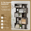 5-tier geometric bookshelf with open shelves and closed-back cubes, perfect for books, photos, and plants in any space.