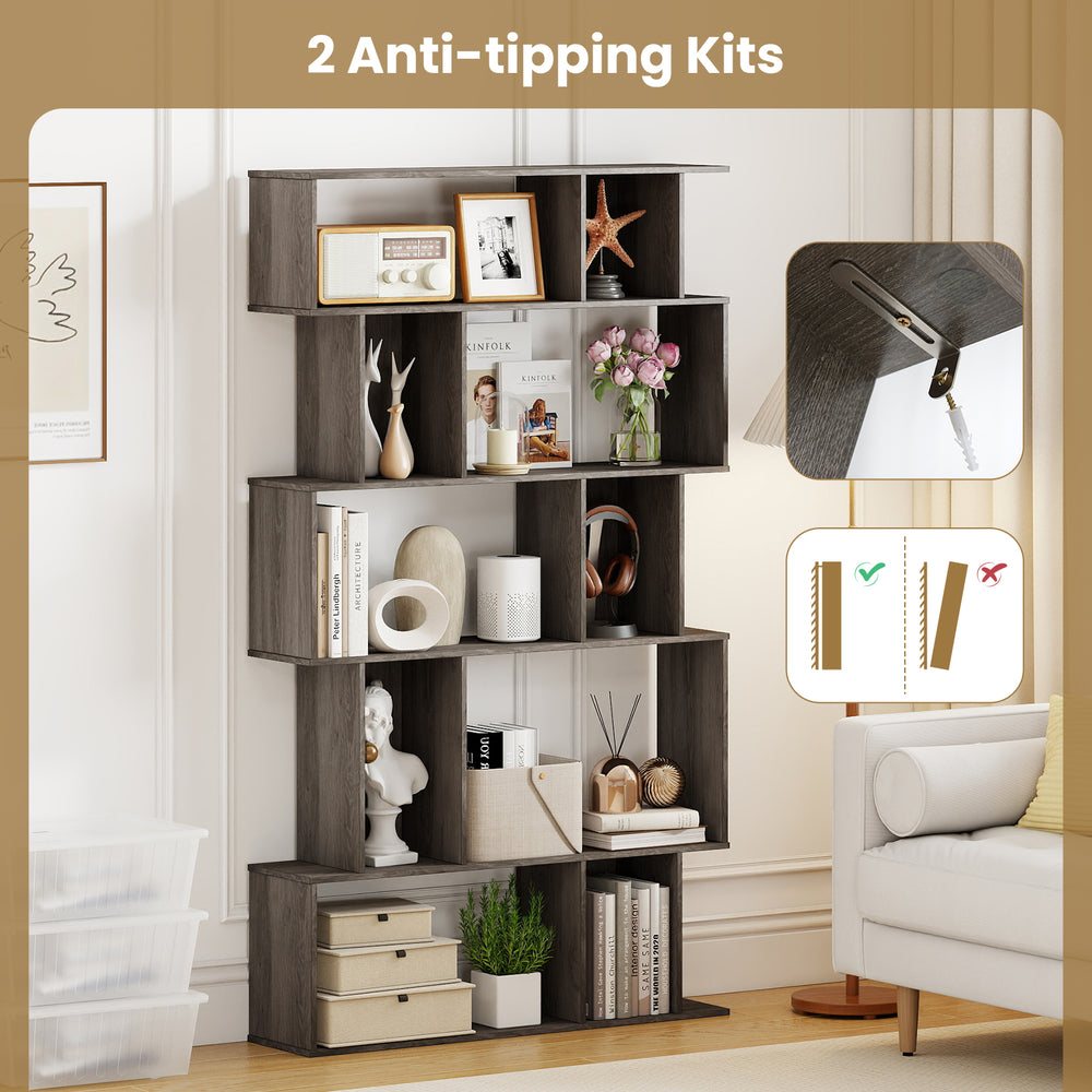 5-tier geometric bookshelf in oak with open shelves and closed-back cubes, featuring anti-tipping kits for stability.