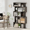 5-tier geometric bookshelf in oak with open shelves and closed-back cubes for books and decor, ideal for home office.