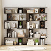 Geometric bookshelf in oak showcasing decorative items and plants, featuring open and closed-back cubes for versatile.