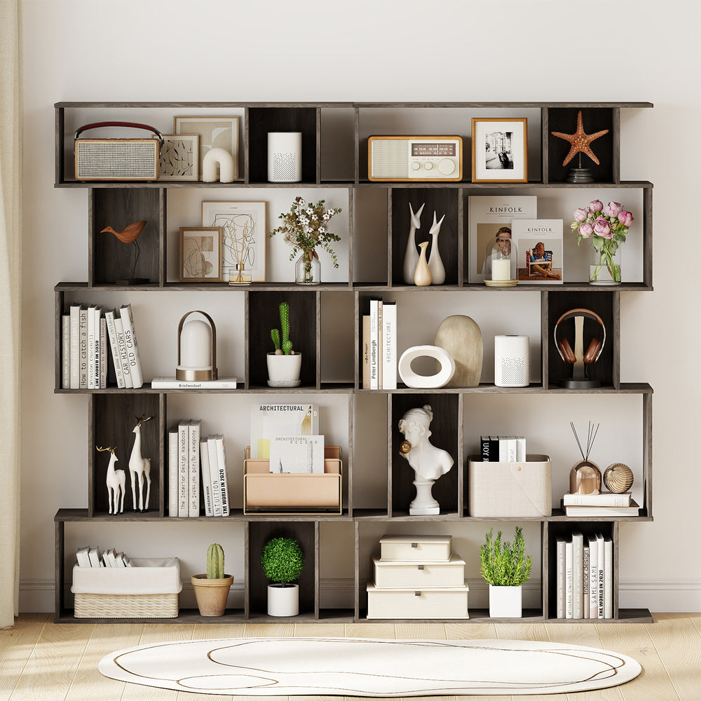 Geometric bookshelf in oak showcasing decorative items and plants, featuring open and closed-back cubes for versatile.