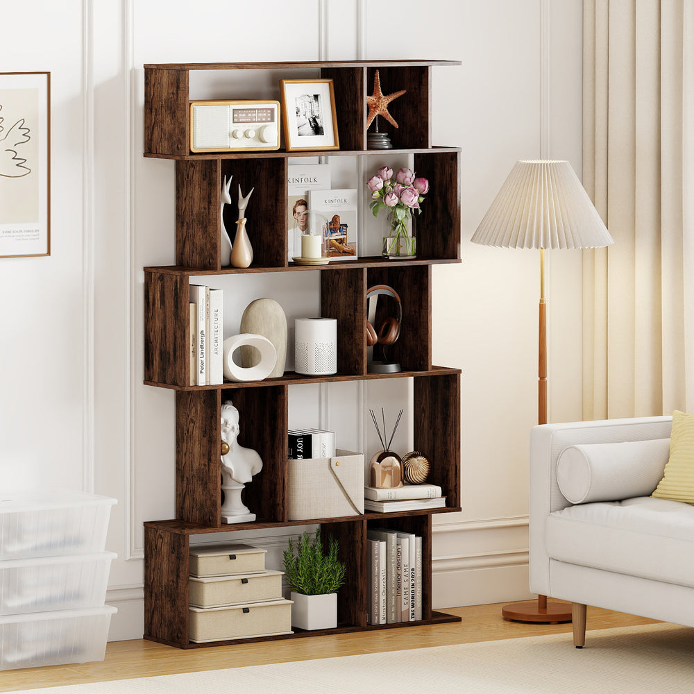 Geometric Bookshelf Set of 2 5-Tier Bookcase with Open Shelves and Closed-back Cubes-Brown - Gallery View 1 of 10