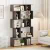 5-tier geometric bookshelf in oak with open shelves and closed-back cubes, ideal for books and decor in any space.