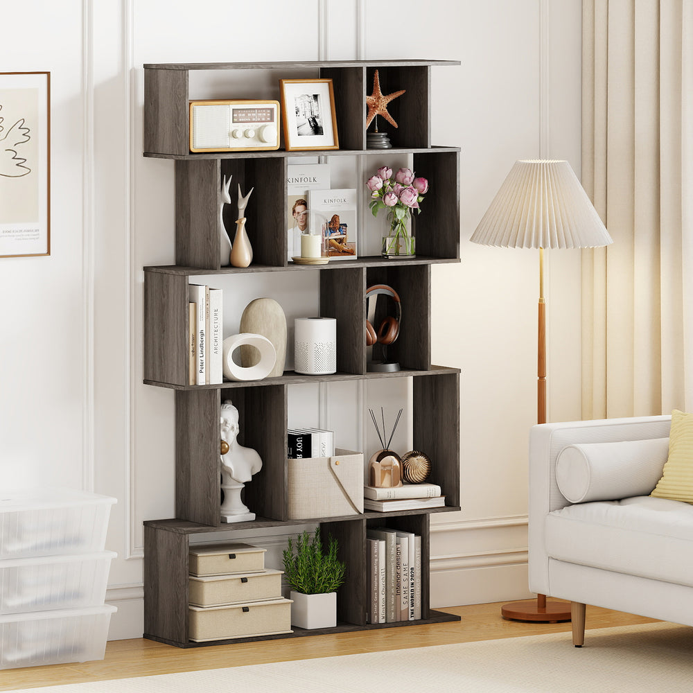 Geometric Bookshelf Set of 2 5-Tier Bookcase with Open Shelves and Closed-back Cubes-Oak - Gallery View 1 of 10