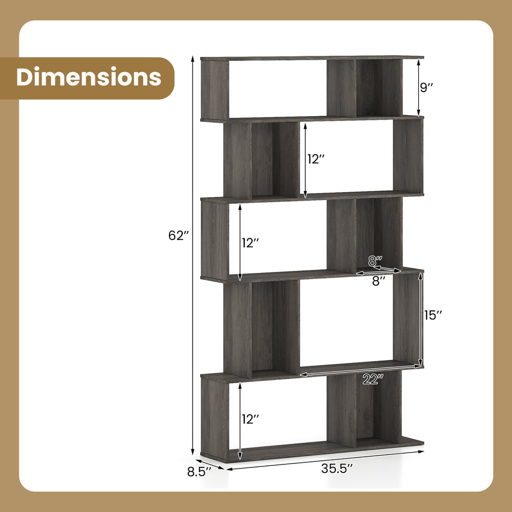 5-tier geometric bookshelf with open shelves and closed-back cubes, featuring dimensions for easy placement in any.