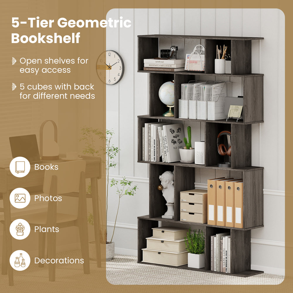 5-tier geometric bookshelf in oak with open shelves and closed-back cubes, ideal for books, photos, and plants.