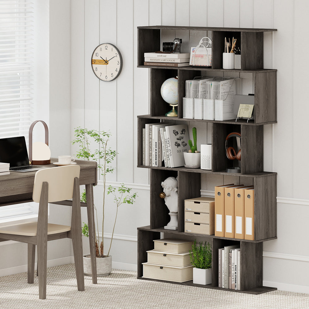 5-tier geometric bookshelf in oak with open shelves and closed-back cubes, perfect for books and decor in any room.