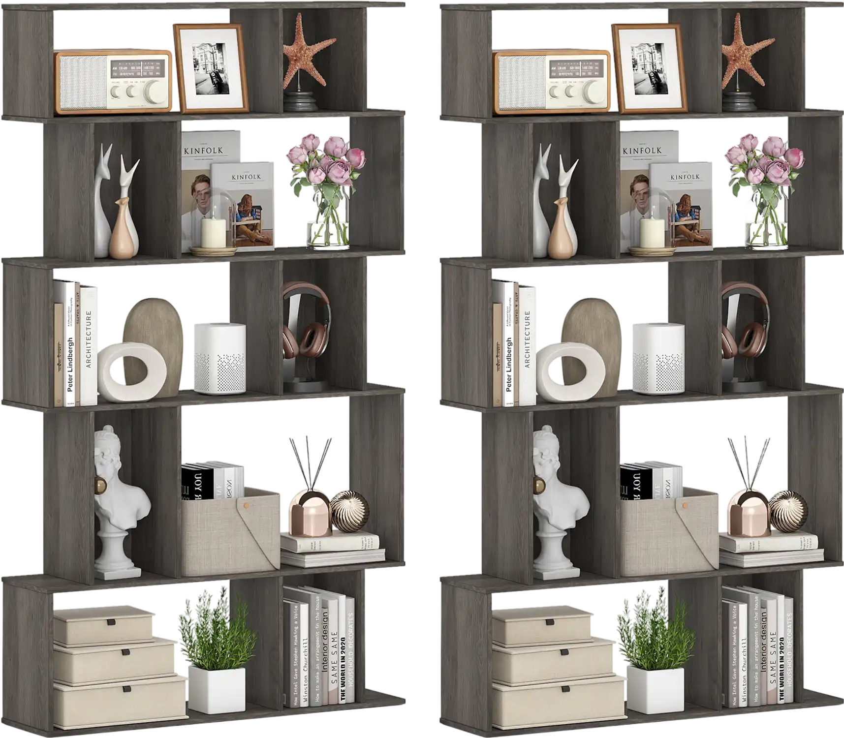 Costway 5-Tier Geometric Bookshelf Bookcase Set of 2 Open Shelves Closed-Back Cubes 17646416 New
