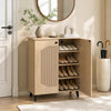 Geometric cabinet with hollow-out door panels and convenient handles, providing stylish footwear storage for entryways.