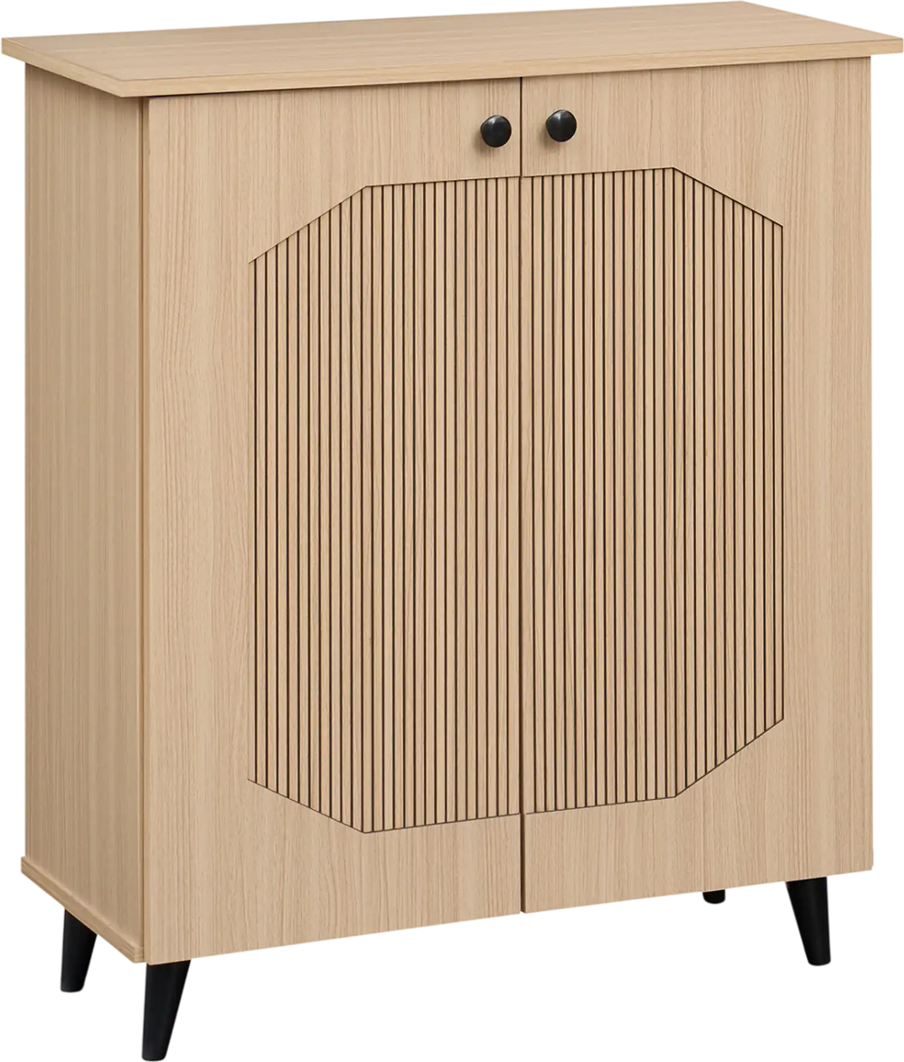 Natural geometric cabinet with carved panels and two doors, perfect for footwear storage in entryways or hallways.