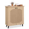 Geometric 2-door cabinet with carved panels in natural finish, ideal for footwear storage in entryway or hallway.