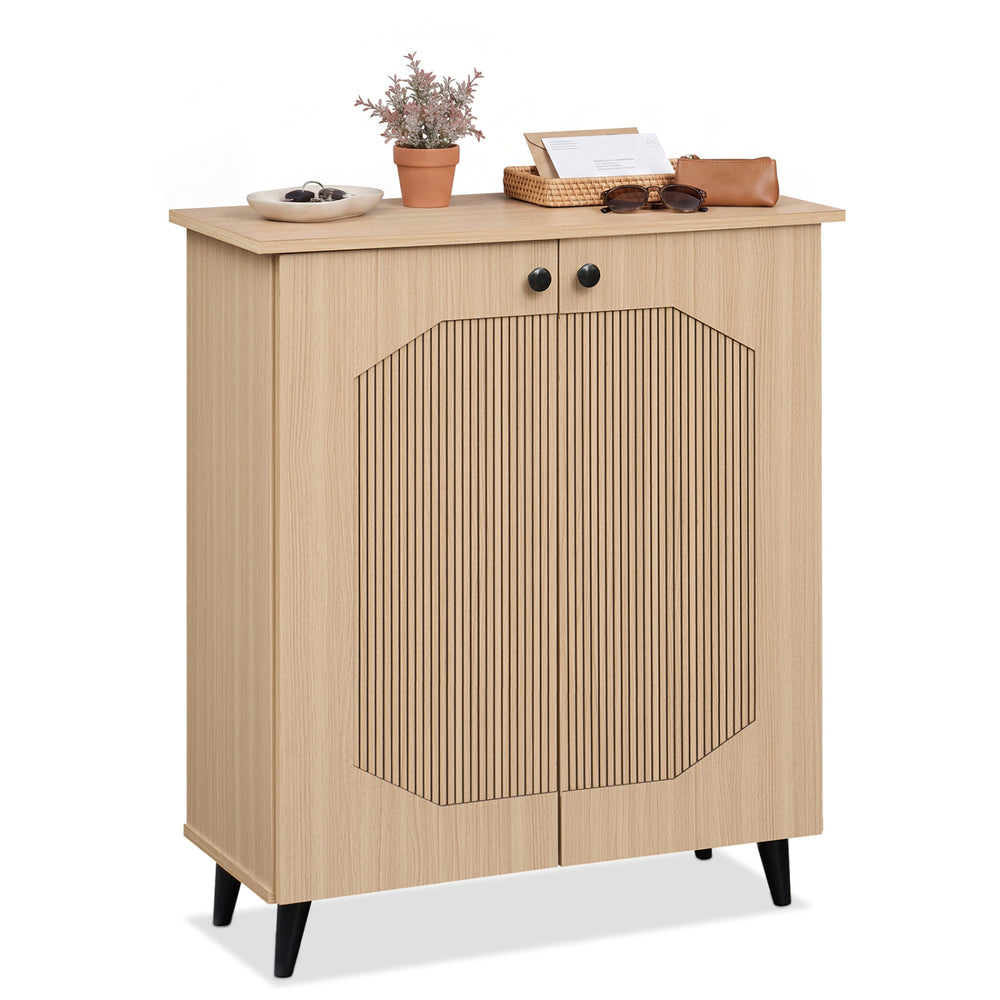 Geometric 2-door cabinet with carved panels in natural finish, ideal for footwear storage in entryway or hallway.