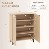 Geometric cabinet with two doors features carved panels, offering ample storage for footwear in a natural finish.