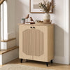 Natural geometric cabinet with carved panels, featuring two doors and ample storage for footwear in entryway or hallway.