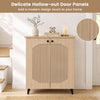 Geometric cabinet with hollow-out door panels, offering ample storage for shoes in a natural finish for entryway or hallway.