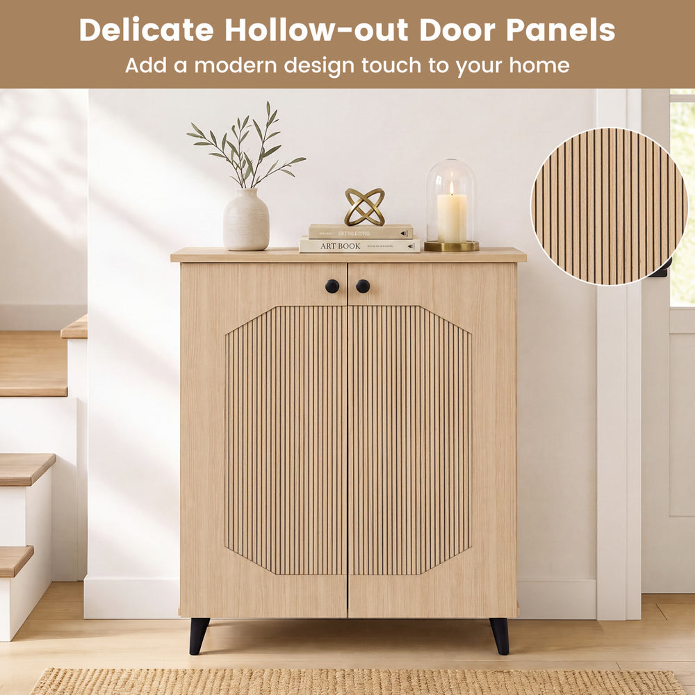 Geometric cabinet with hollow-out door panels, offering ample storage for shoes in a natural finish for entryway or hallway.