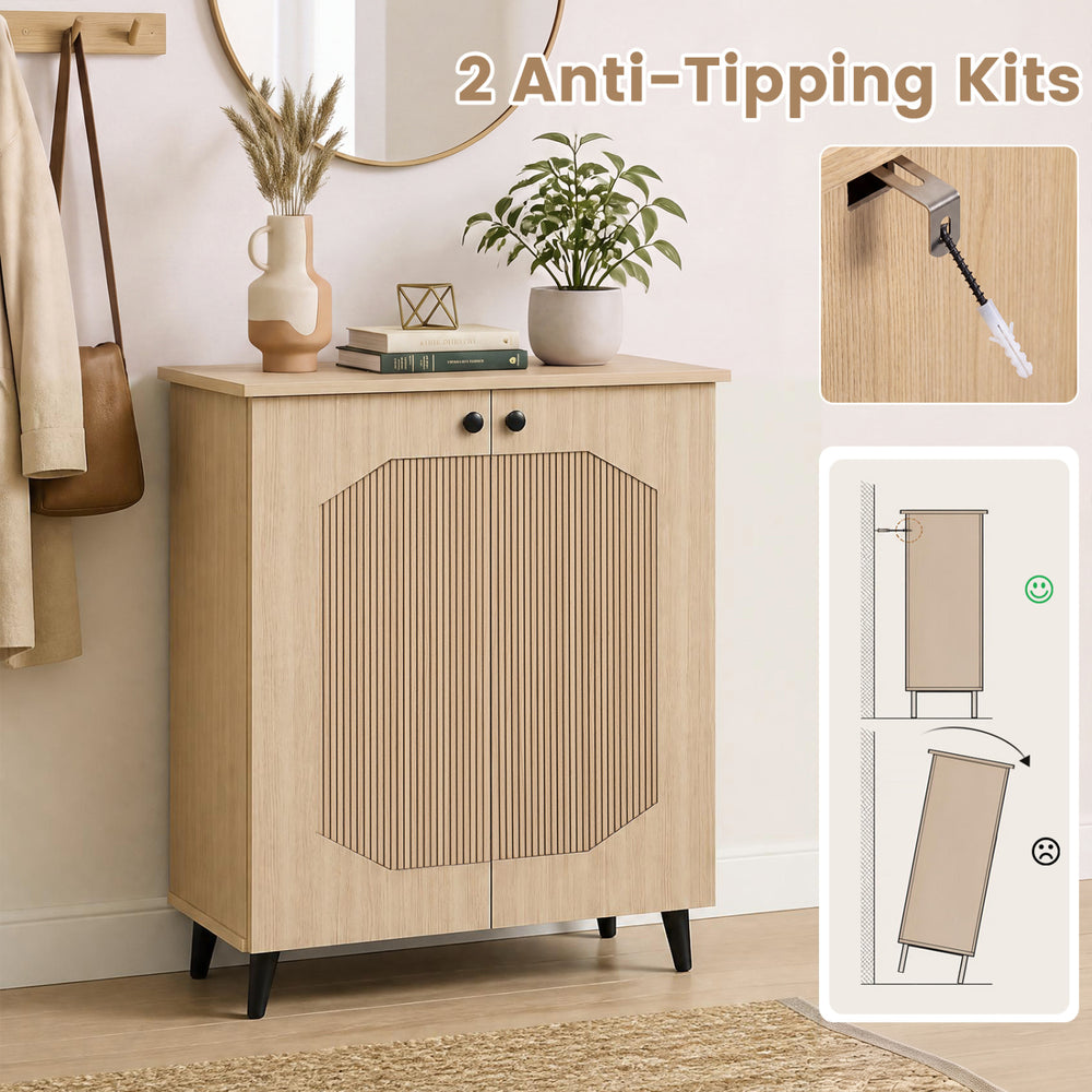 Geometric 2-door cabinet with carved panels and anti-tipping kits, ideal for footwear storage in entryway or hallway.