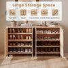 Freestanding footwear storage cabinet with carved panels, offering large storage space for various shoe types in natural finish.
