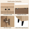 Close-up of the Geometric Cabinet's soft-close hinges, magnetic door hooks, and robust metal supporting legs for footwear storage.