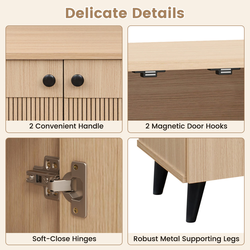 Close-up of the Geometric Cabinet's soft-close hinges, magnetic door hooks, and robust metal supporting legs for footwear storage.