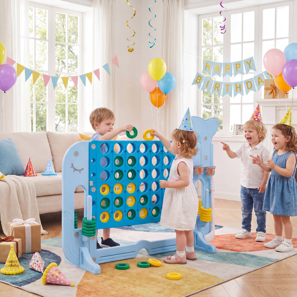 Children playing with the Giant 4-to-Score Game Set in blue, featuring ring-toss and fun whale design for indoor.