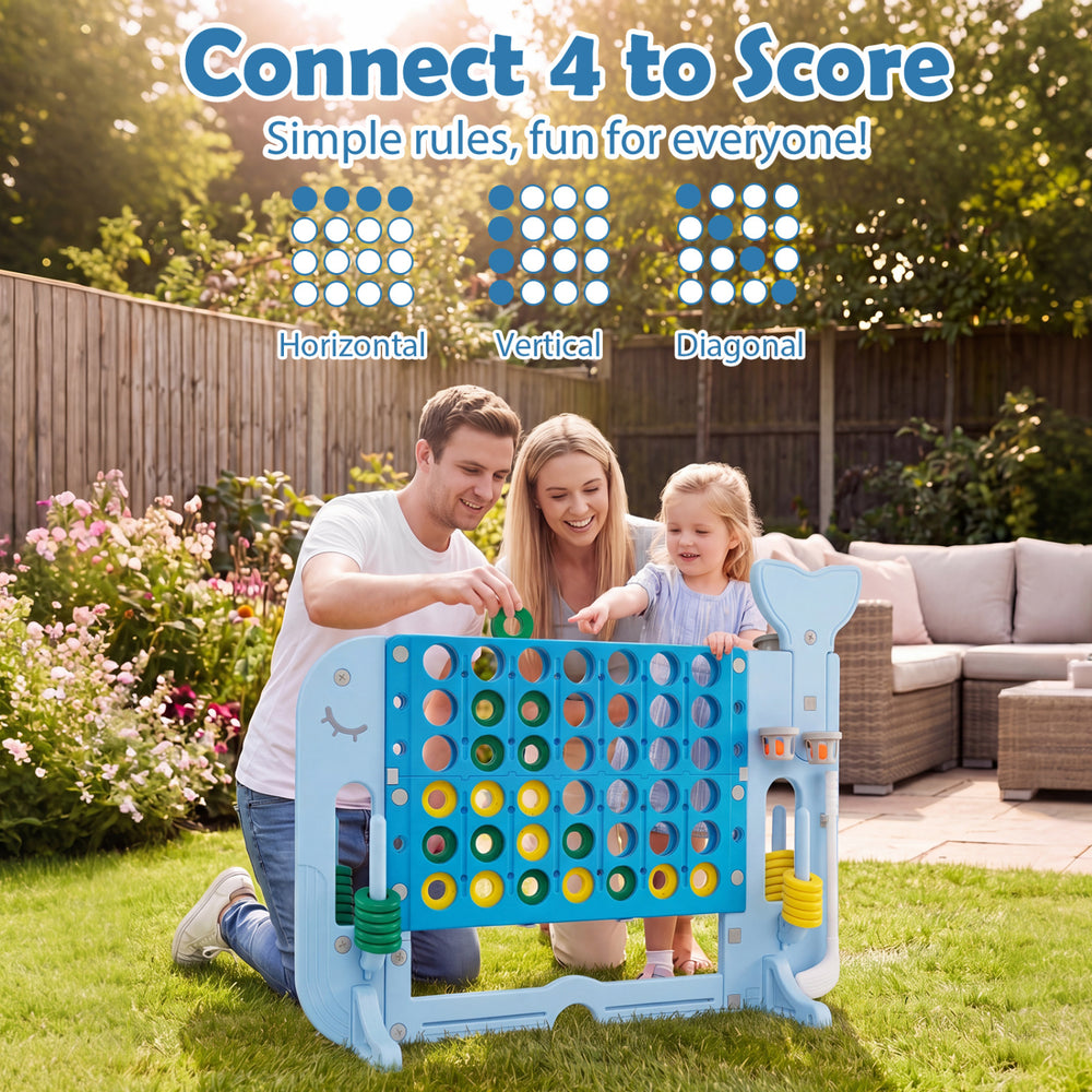 Giant 4-to-Score game set in blue with family playing, featuring cup holders and multiple game options for outdoor fun.