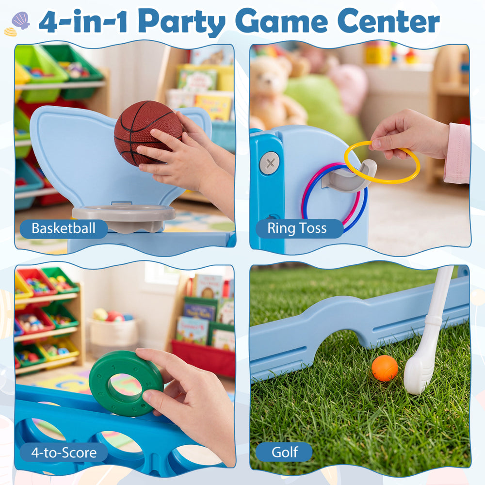 Giant 4-to-Score Game Set featuring basketball, ring toss, and golf for indoor or outdoor fun with a whale-shaped.