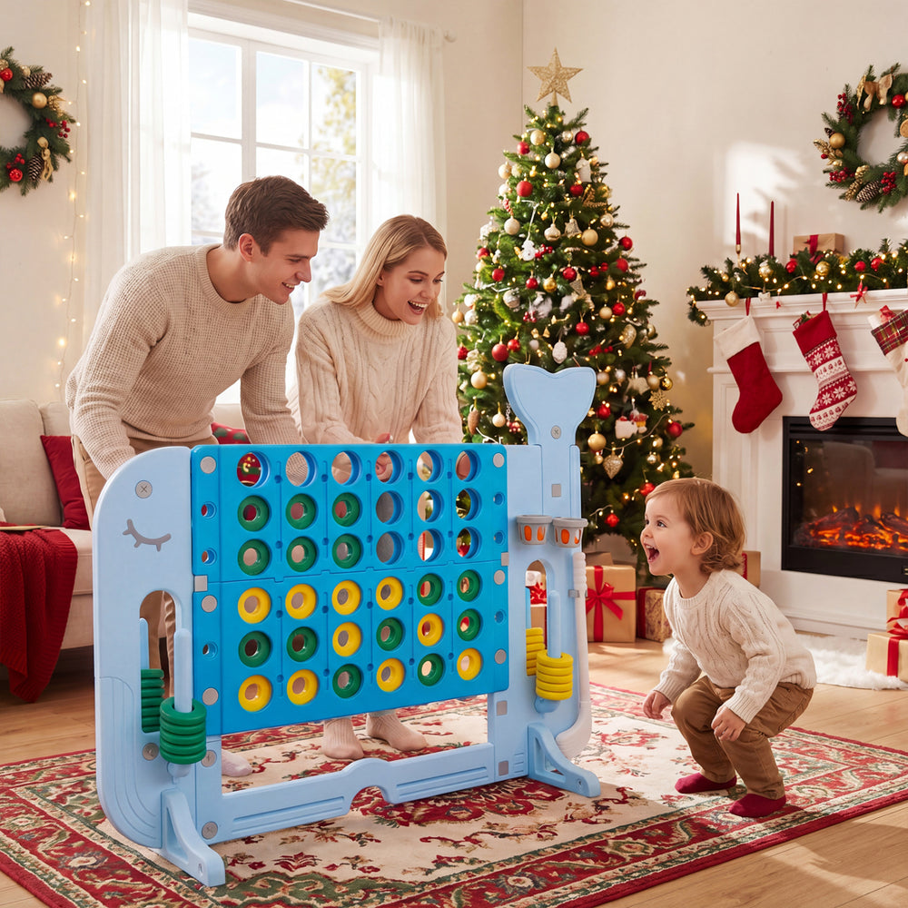 Giant 4-to-Score game set in blue with family playing, featuring multiple games and child-friendly whale design for.